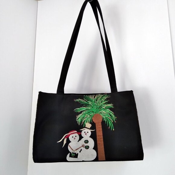 Vintage Holiday Embroidered Snow Couple Under Beaded Palm Tree Shoulder Bag - Picture 9 of 9